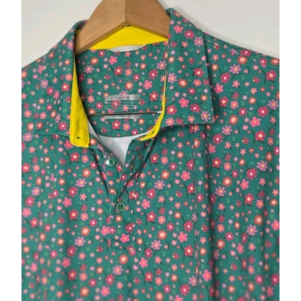 New Swannies Performance Golf Polo Men L Green Floral Print Active Casual Sport